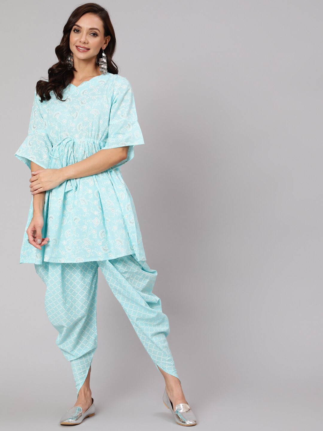 

Nayo Women Blue Ethnic Motifs Printed Pleated Pure Cotton Kurti with Dhoti Pants
