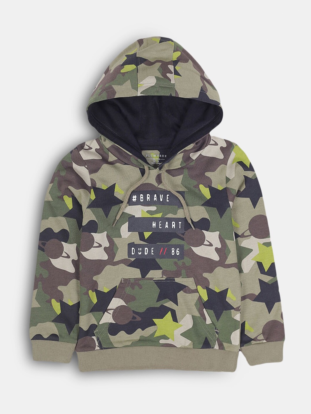 

Hopscotch Boys Olive Green Printed Hooded Sweatshirt