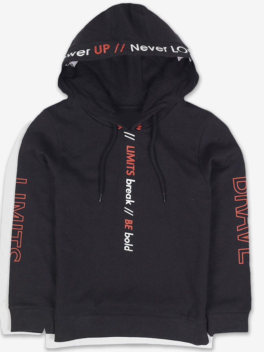 

Hopscotch Boys Black Printed Cotton Hooded Sweatshirt
