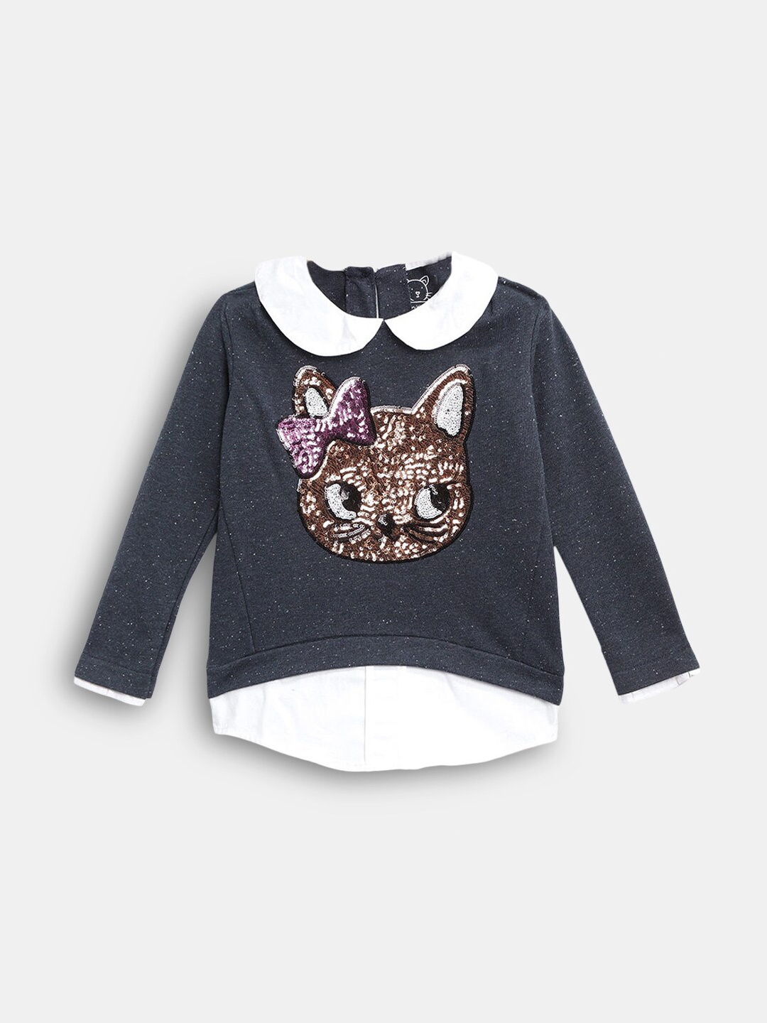 

Hopscotch Girls Navy Blue Peter Pan Collar Embellished Cotton Sweatshirt