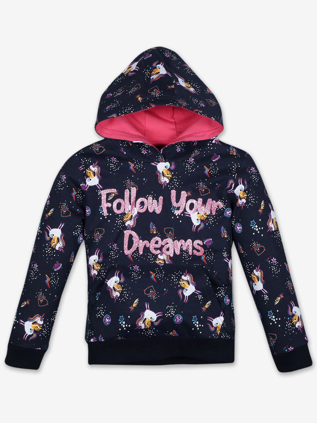 

Hopscotch Girls Navy Blue Printed Hooded Sweatshirt