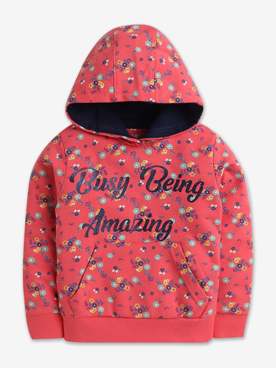 

Hopscotch Girls Coral Printed Hooded Sweatshirt