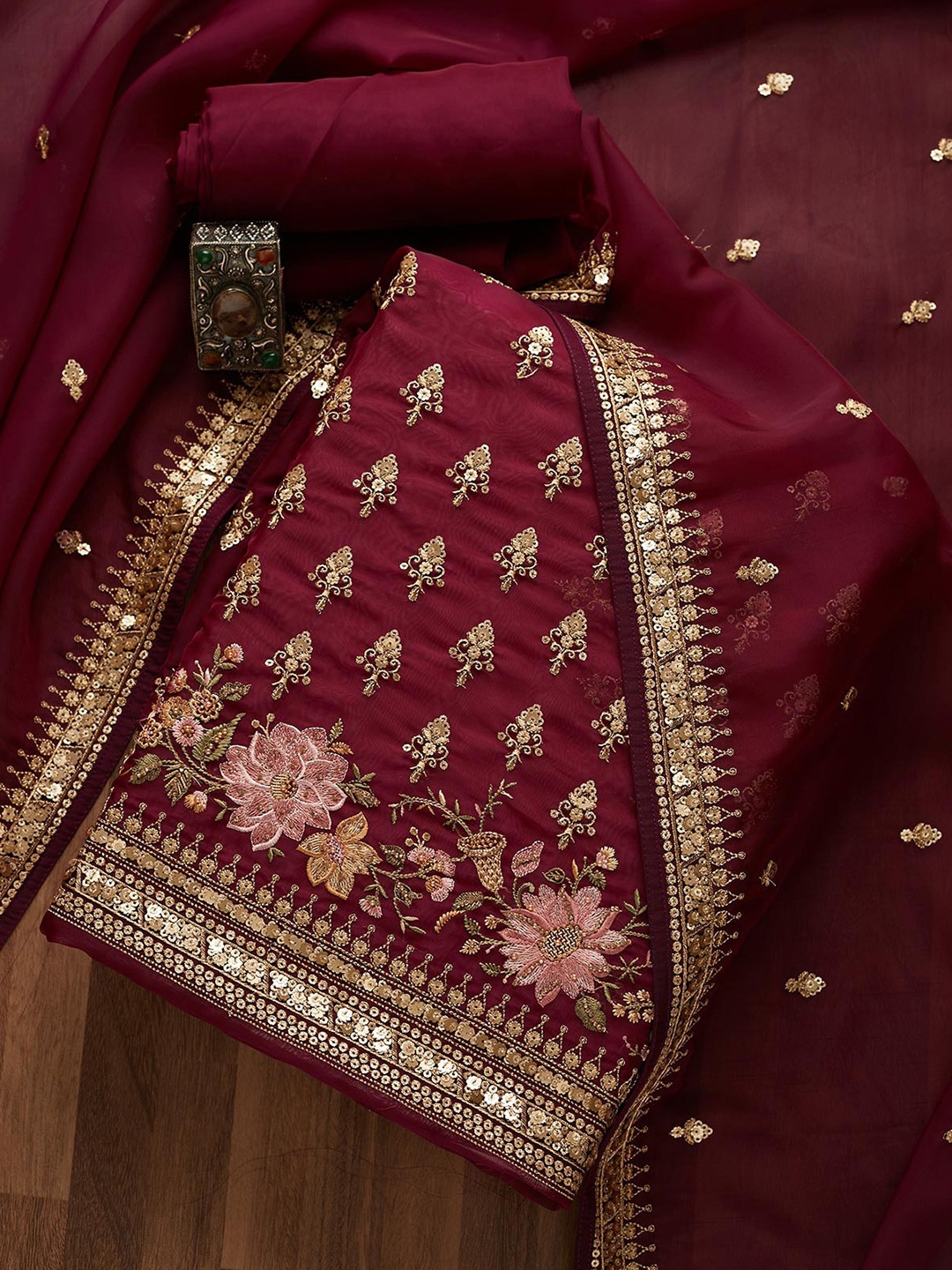 

Koskii Maroon And Gold-Toned Embroidered Unstitched Dress Material