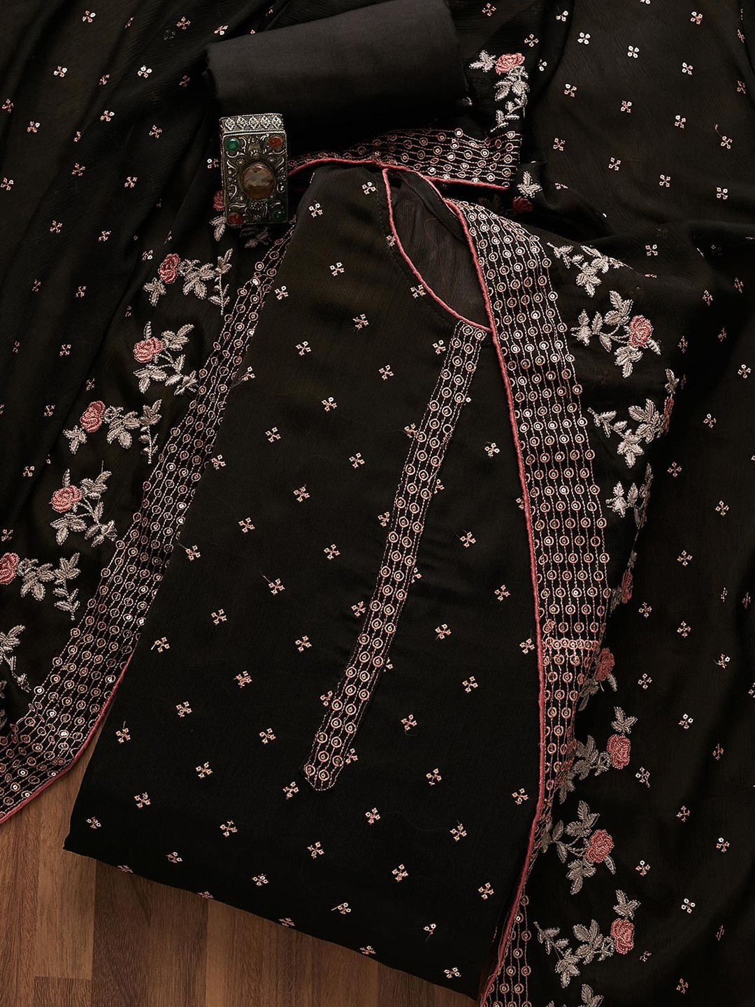 

Koskii Black & Silver-Toned Embroidered Unstitched Dress Material