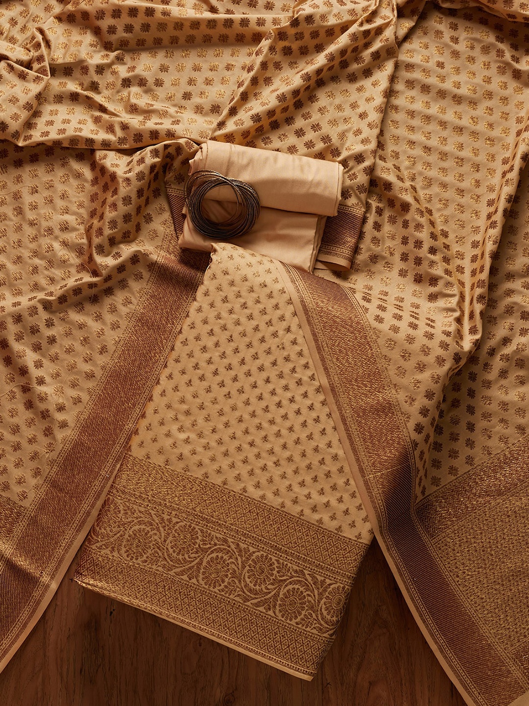 

Koskii Cream-Coloured & Brown Banarasi Art Silk Unstitched Dress Material