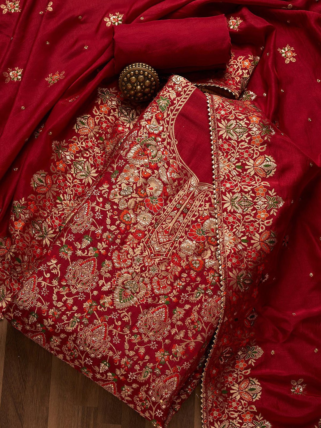 

Koskii Maroon & Gold-Toned Embroidered Art Silk Unstitched Dress Material