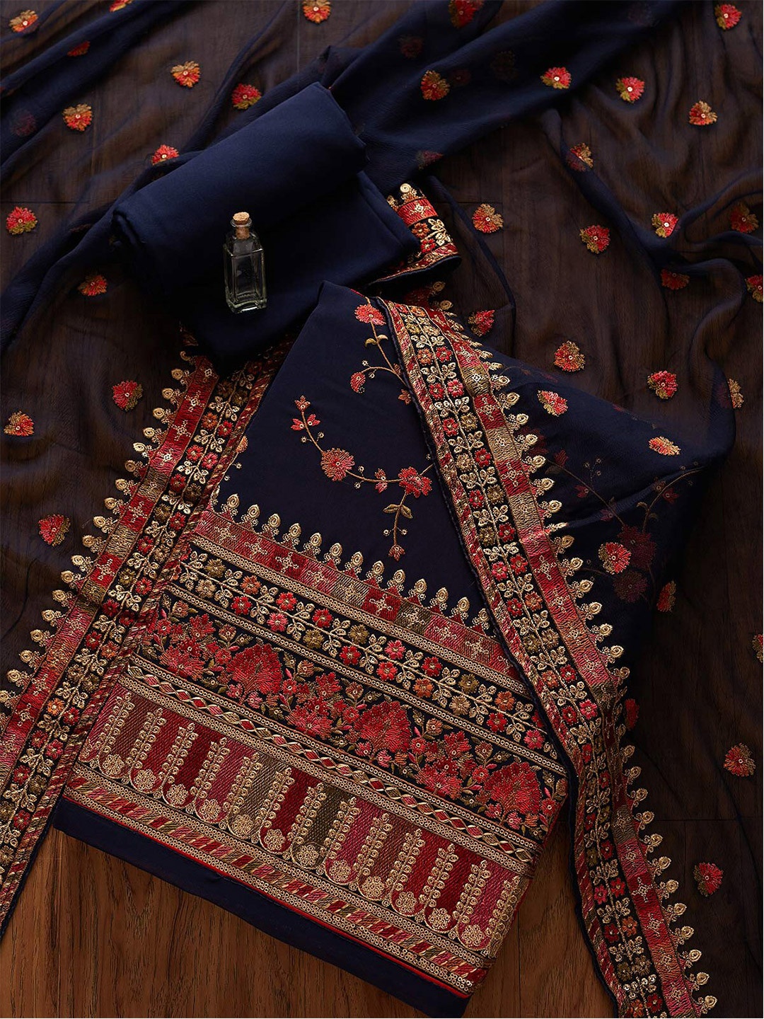 

Koskii Navy Blue & Red Embroidered Unstitched Dress Material