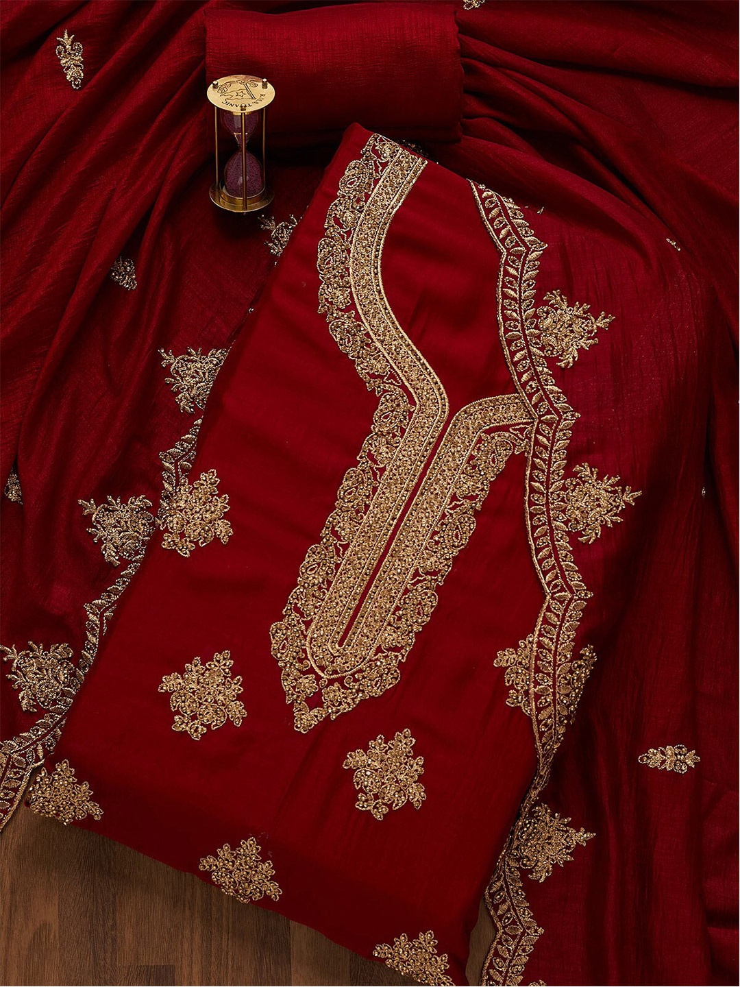 

Koskii Maroon & Gold-Toned Embroidered Art Silk Unstitched Dress Material