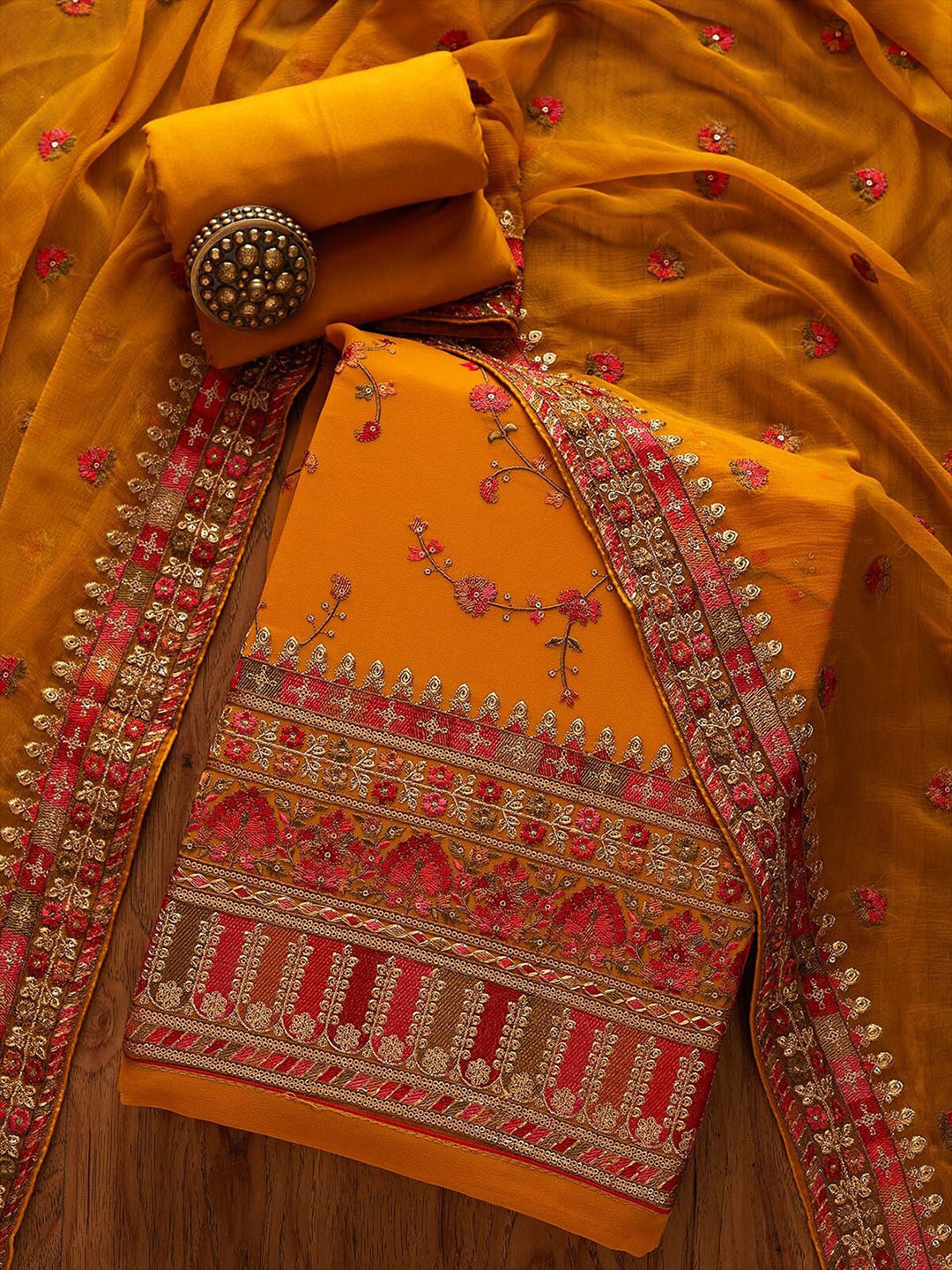 

Koskii Mustard & Pink Embroidered Unstitched Dress Material