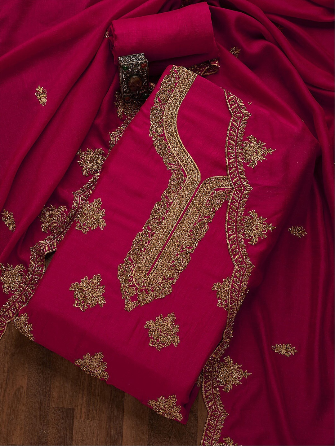 

Koskii Pink & Gold-Toned Embroidered Art Silk Unstitched Dress Material