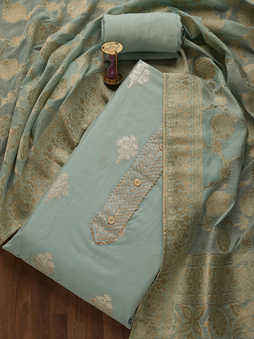 

Koskii Green & Gold-Toned Embroidered Art Silk Unstitched Dress Material