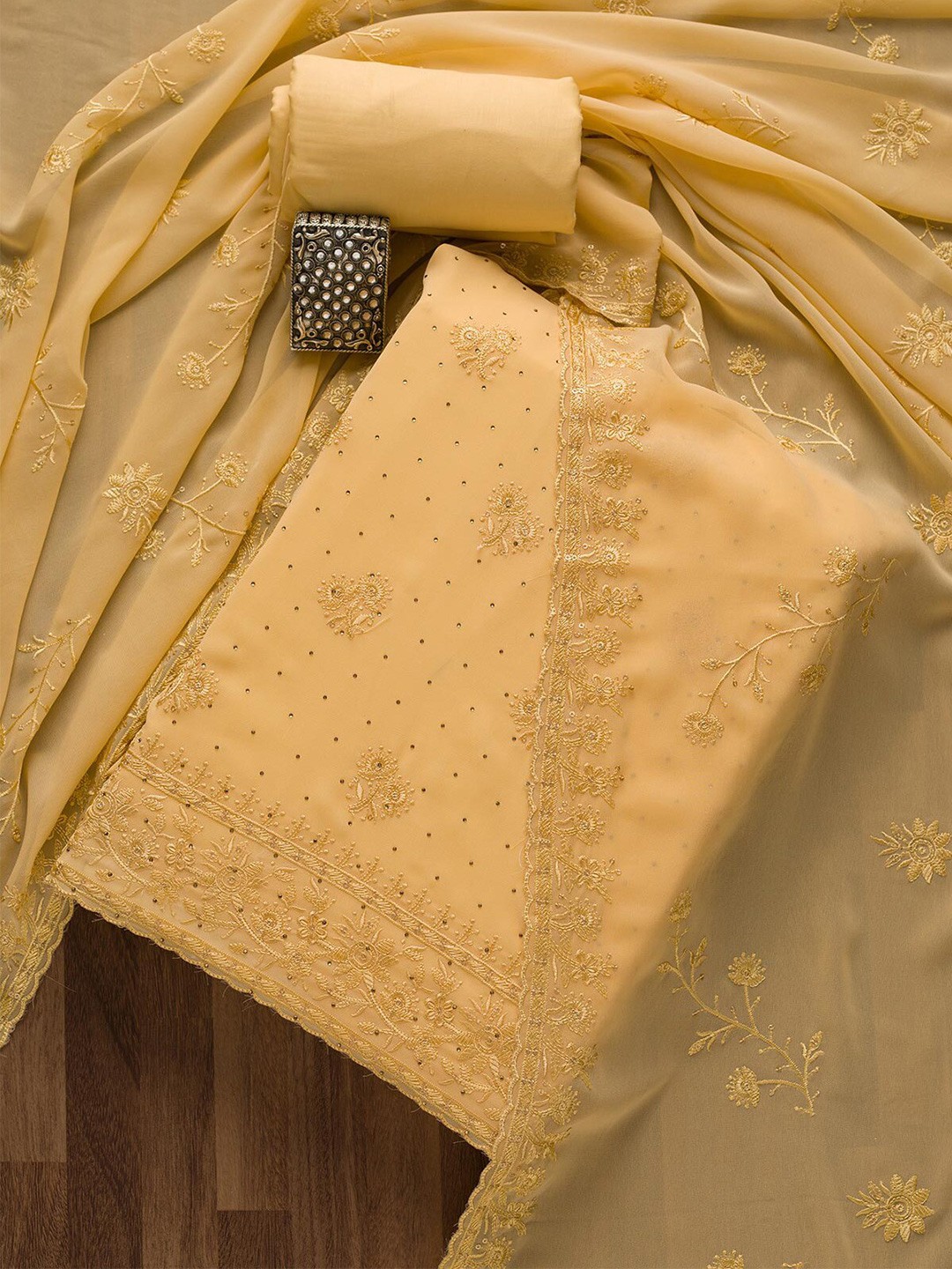 

Koskii Yellow Embroidered Unstitched Dress Material