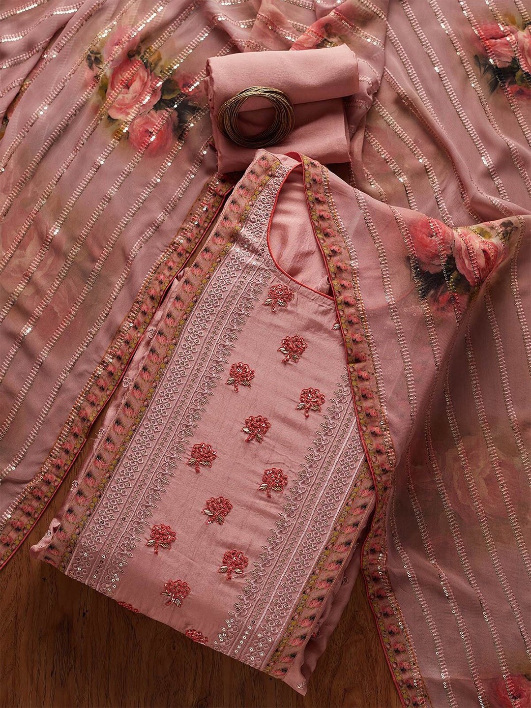 

Koskii Pink & Green Embroidered Unstitched Dress Material