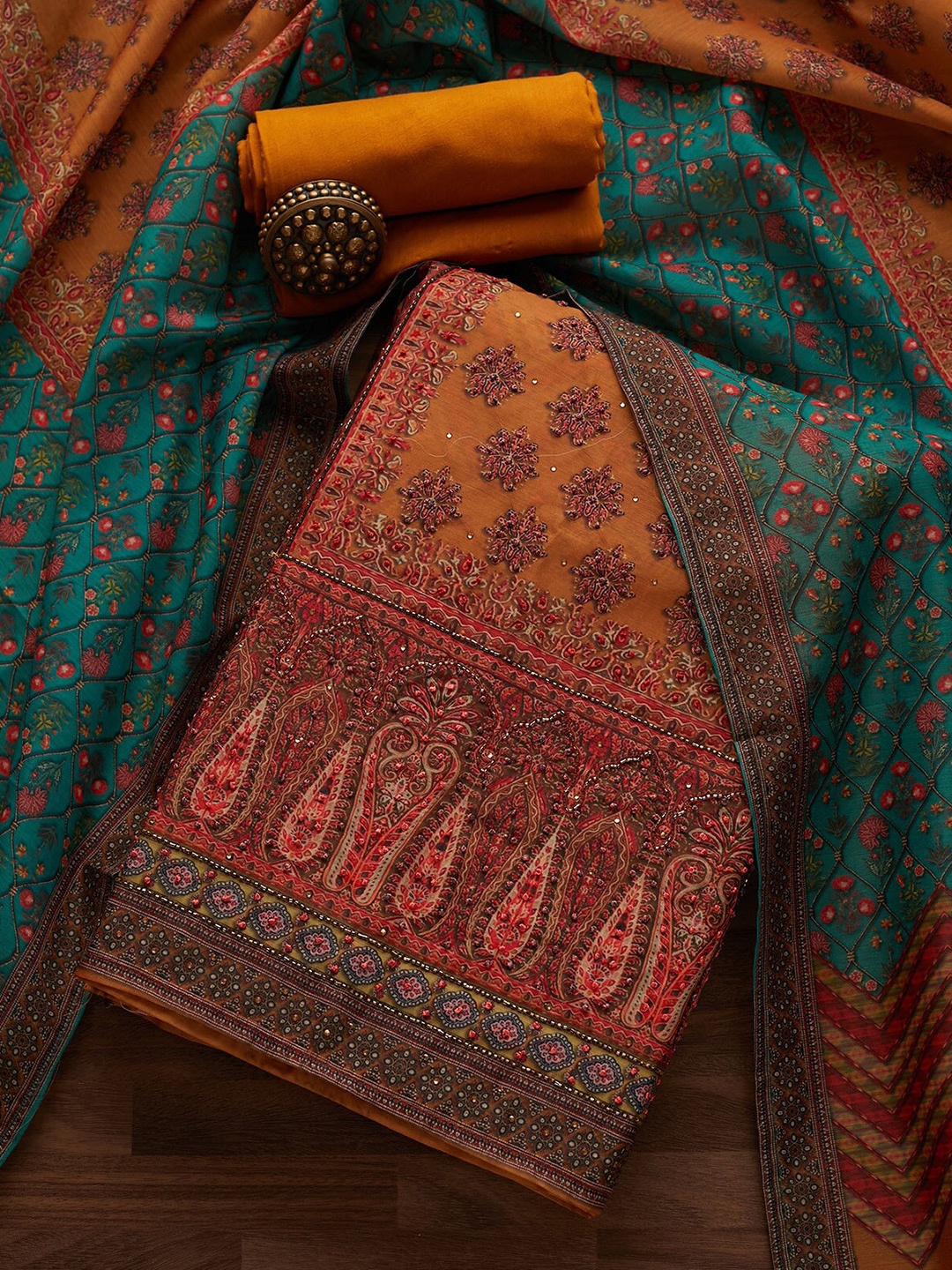 

Koskii Mustard & Blue Embroidered Art Silk Unstitched Dress Material