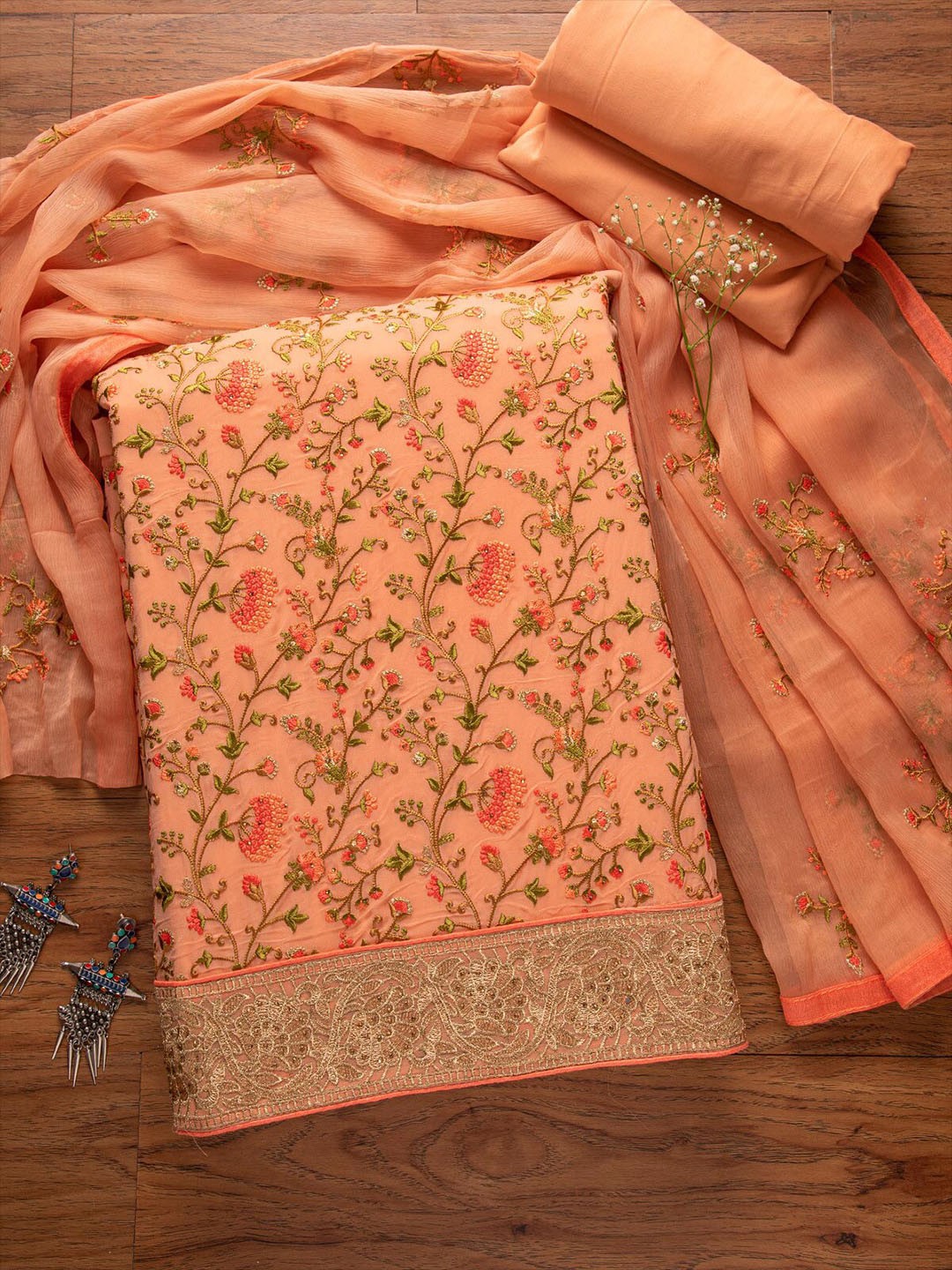 

Koskii Peach-Coloured & Green Embroidered Art Silk Unstitched Dress Material