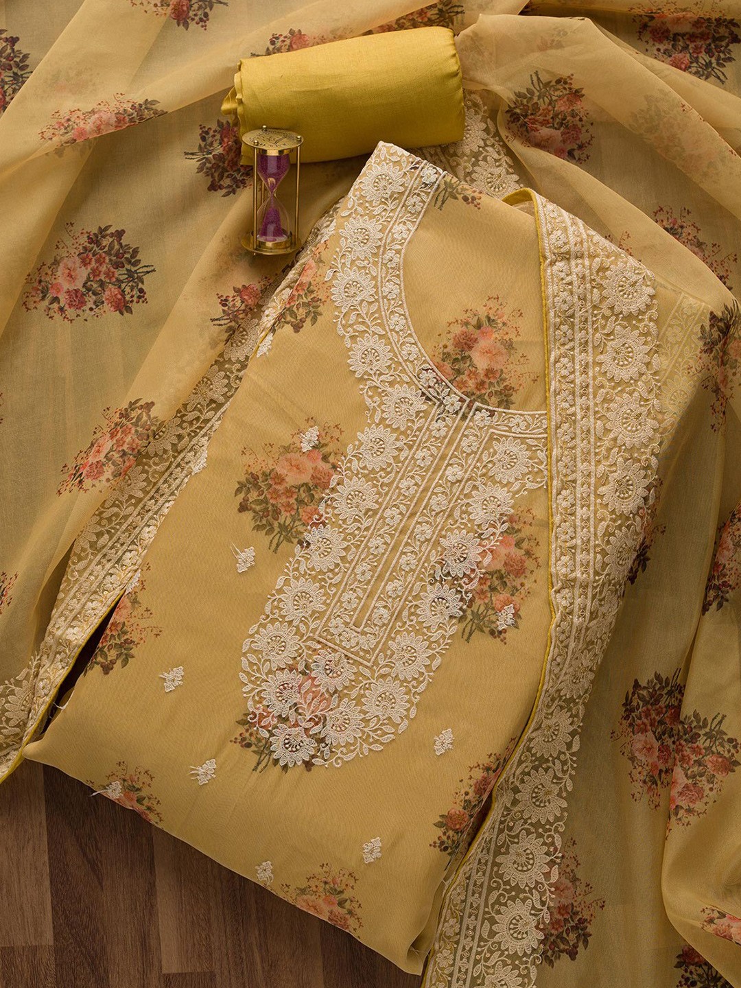 

Koskii Yellow & Pink Embroidered Unstitched Dress Material