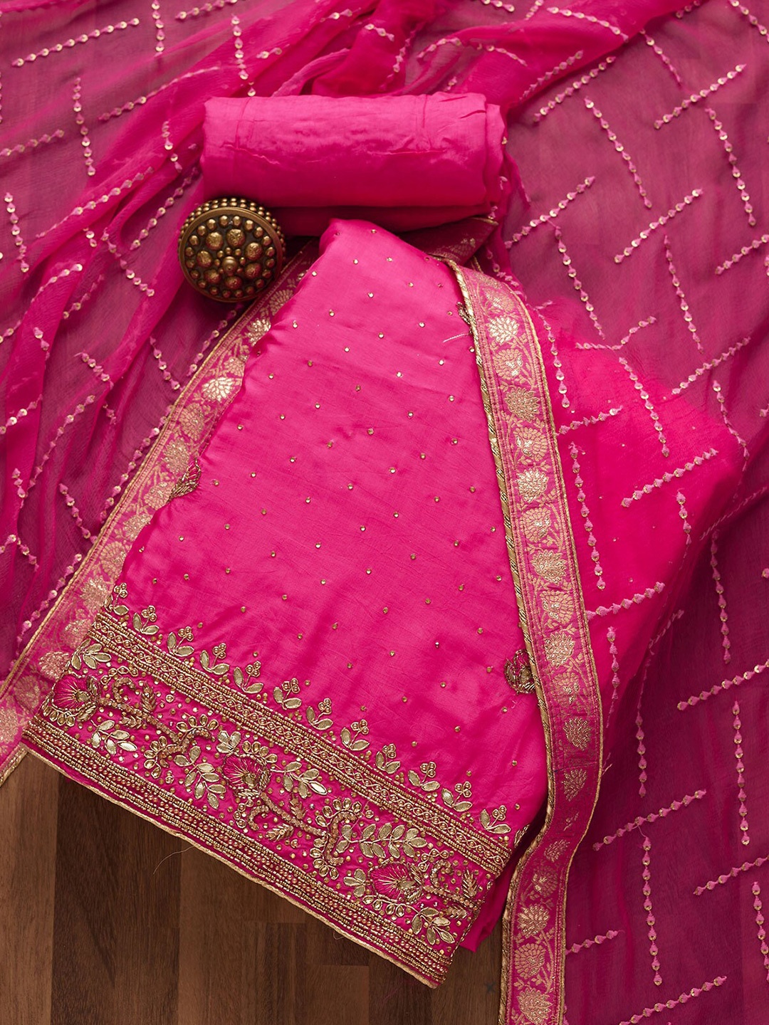 

Koskii Pink & Gold-Toned Embroidered Unstitched Dress Material