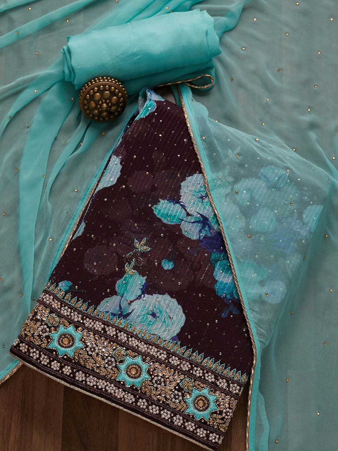 

Koskii Maroon & Blue Embroidered Unstitched Dress Material