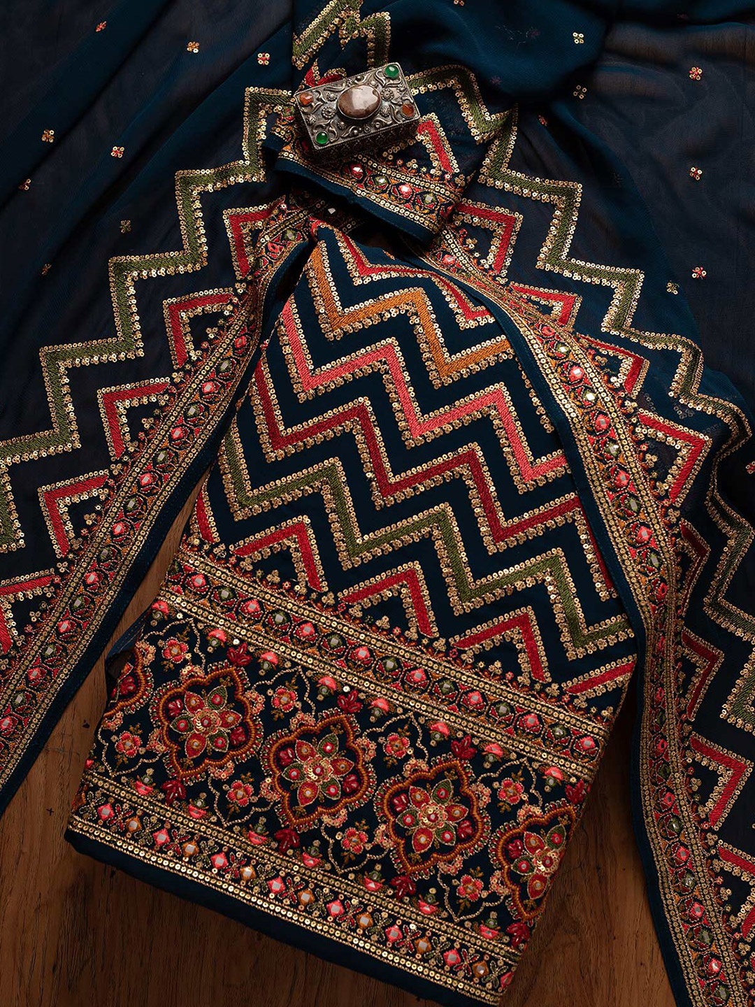 

Koskii Navy Blue & Pink Embroidered Unstitched Dress Material