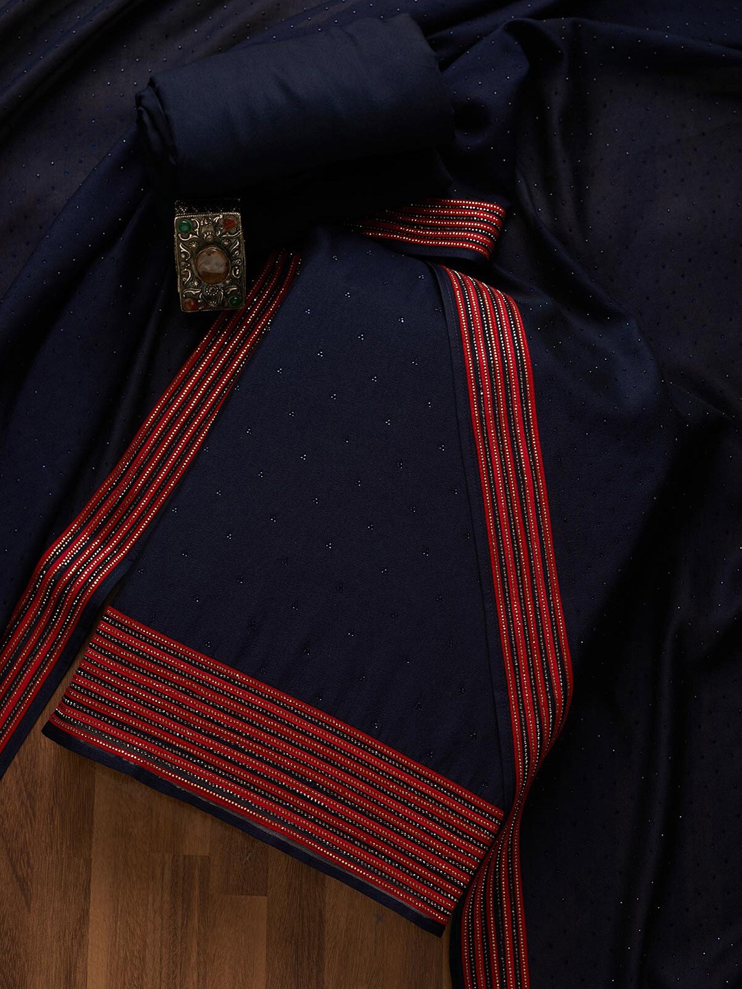 

Koskii Navy Blue & Red Embellished Art Silk Unstitched Dress Material
