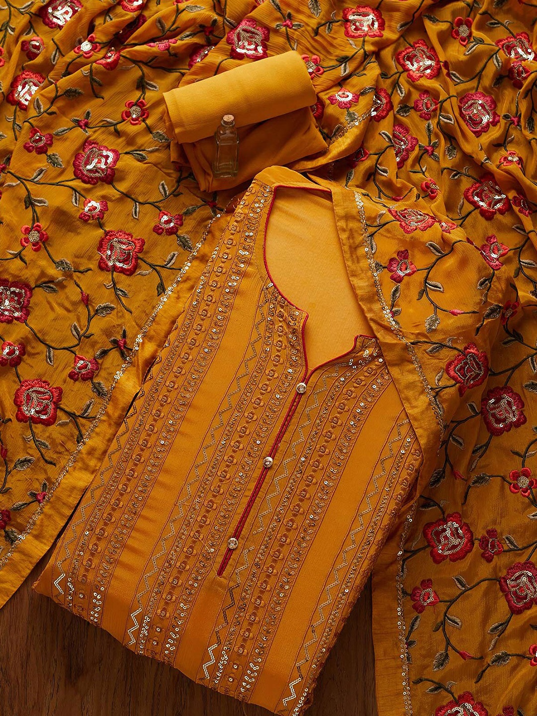

Koskii Mustard & Gold-Toned Embroidered Unstitched Dress Material