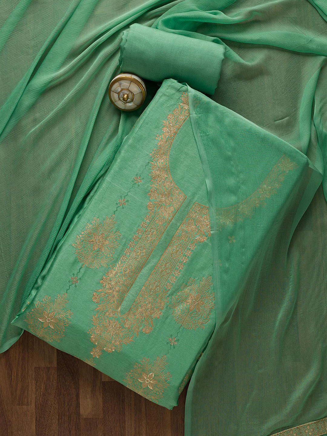 

Koskii Green & Gold-Toned Printed Unstitched Dress Material