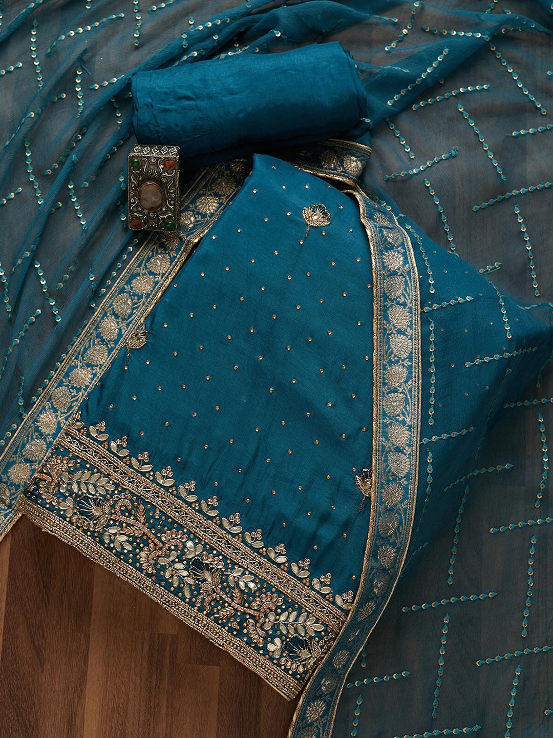 

Koskii Blue & Gold-Toned Embroidered Unstitched Dress Material