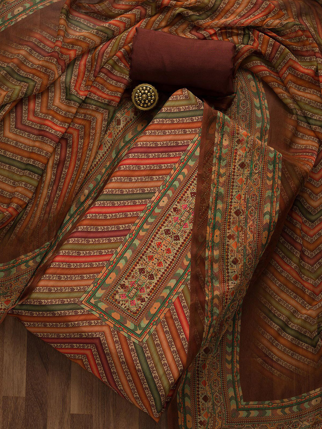 

Koskii Brown & Green Embroidered Unstitched Dress Material