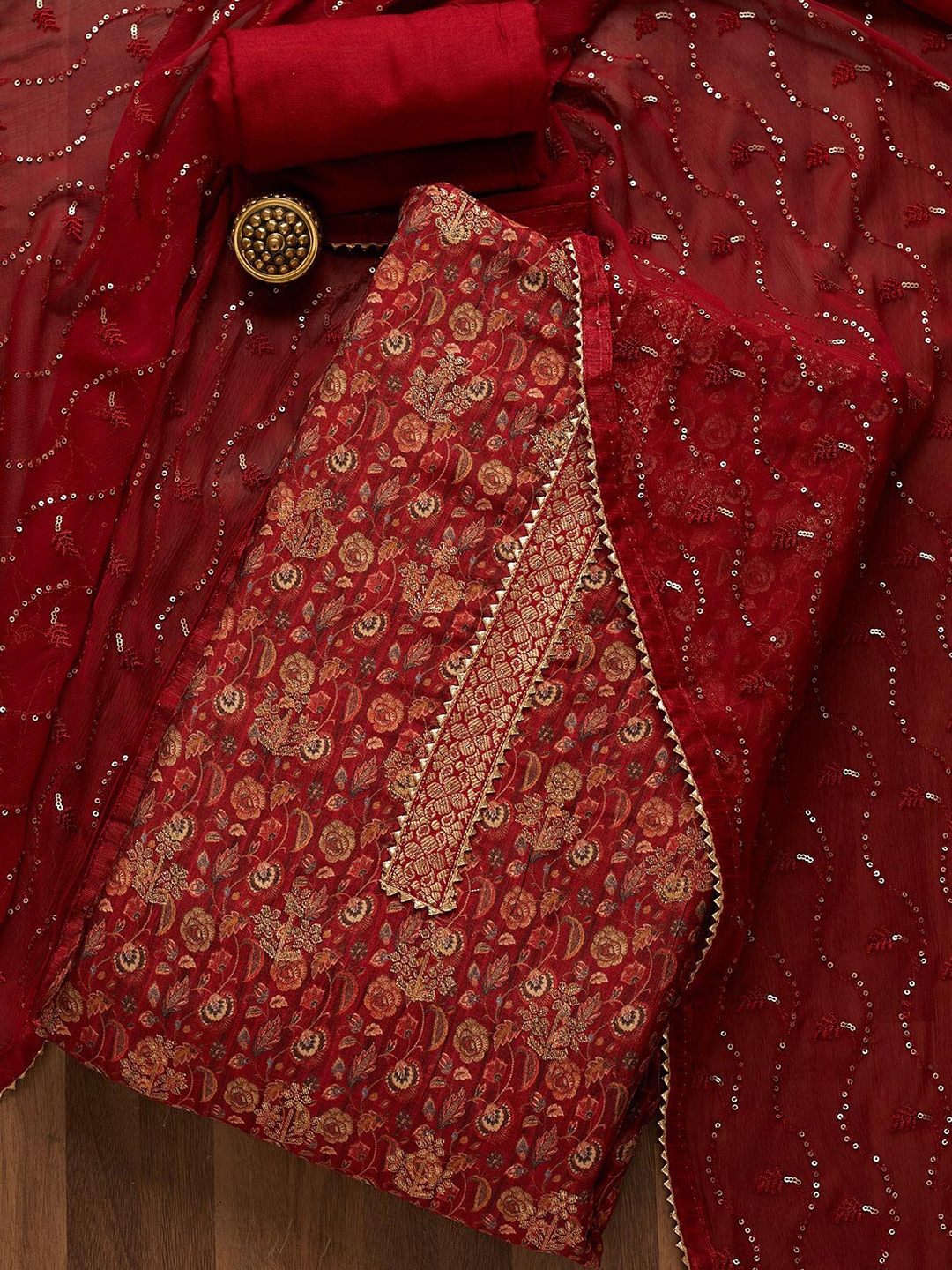 

Koskii Maroon & Pink Embroidered Art Silk Unstitched Dress Material