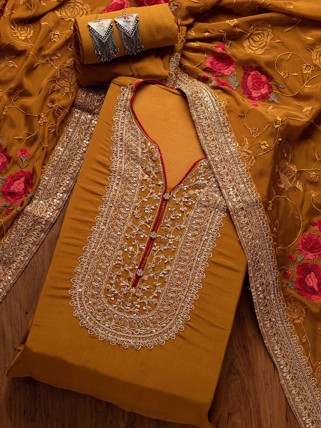 

Koskii Mustard & Gold-Toned Embroidered Unstitched Dress Material