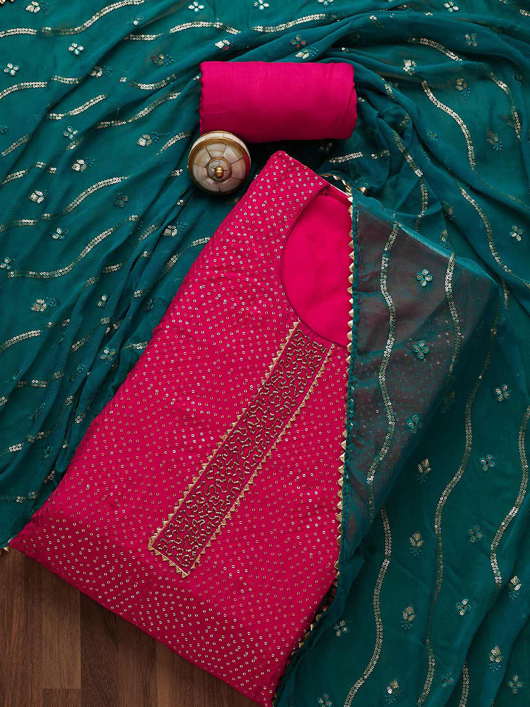 

Koskii Pink & Green Embroidered Unstitched Dress Material