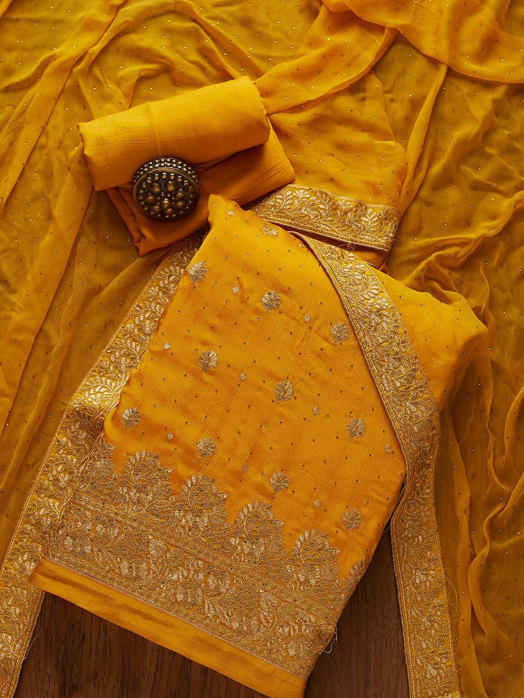 

Koskii Mustard & Gold-Toned Embroidered Unstitched Dress Material