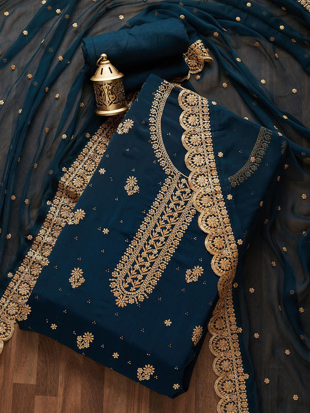 

Koskii Blue & Gold-Toned Embroidered Unstitched Dress Material