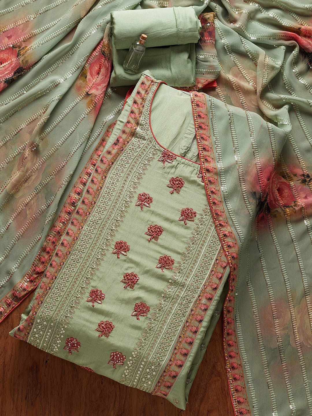 

Koskii Green & Pink Embroidered Unstitched Dress Material