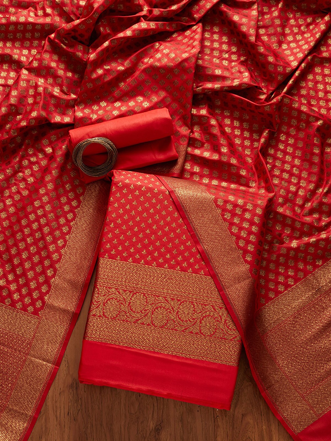 

Koskii Red & Gold-Toned Art Silk Unstitched Dress Material