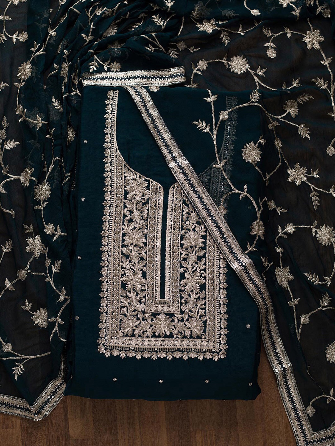 

Koskii Blue & Silver-Toned Embroidered Unstitched Dress Material