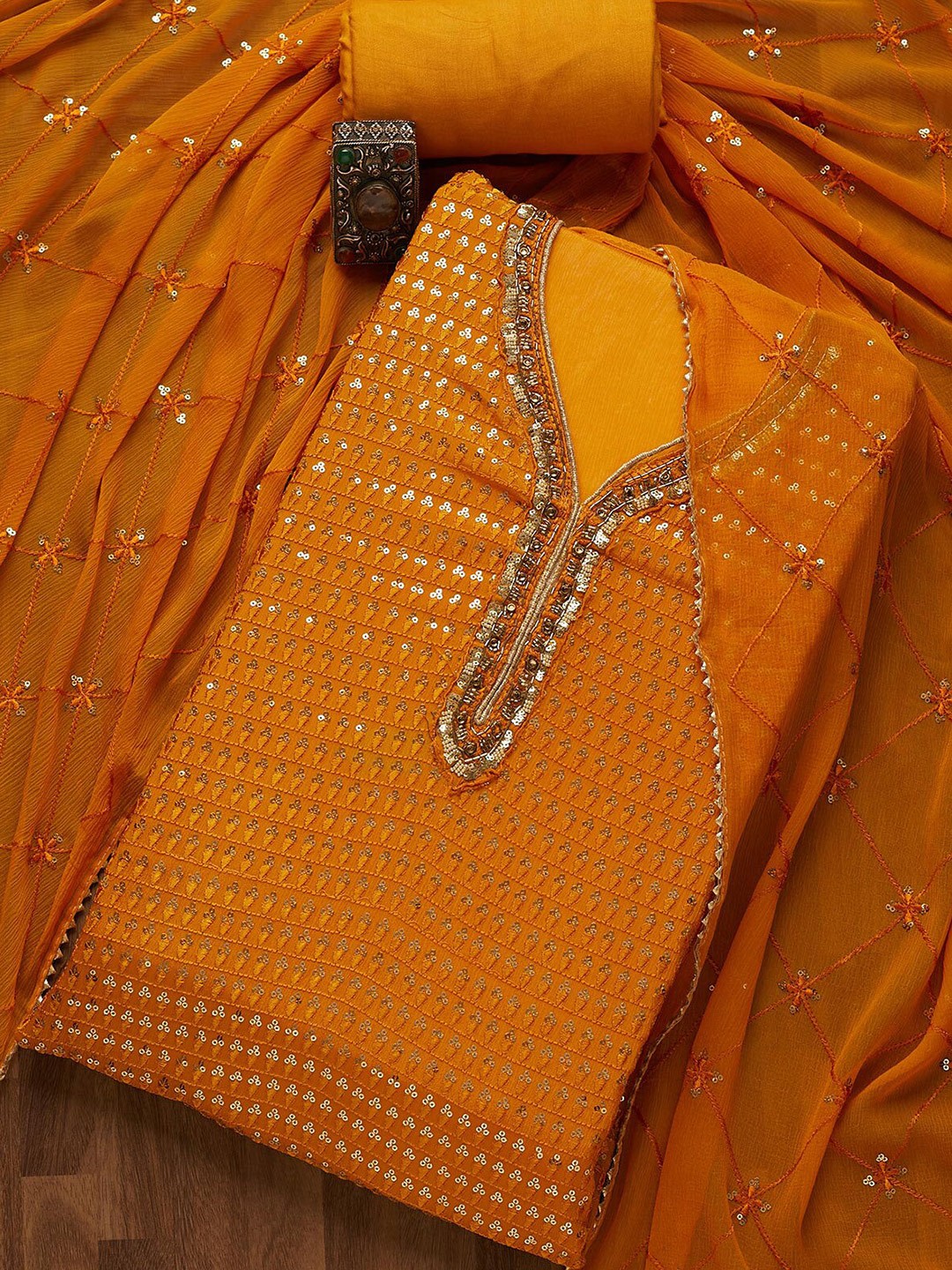 

Koskii Yellow & Gold-Toned Embroidered Unstitched Dress Material