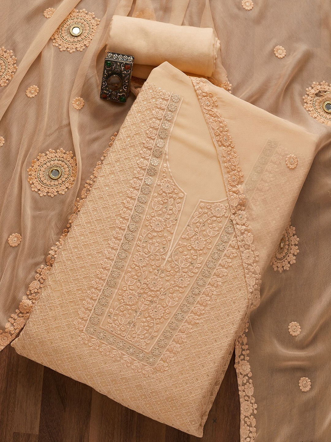 

Koskii Peach-Coloured Embroidered Unstitched Dress Material