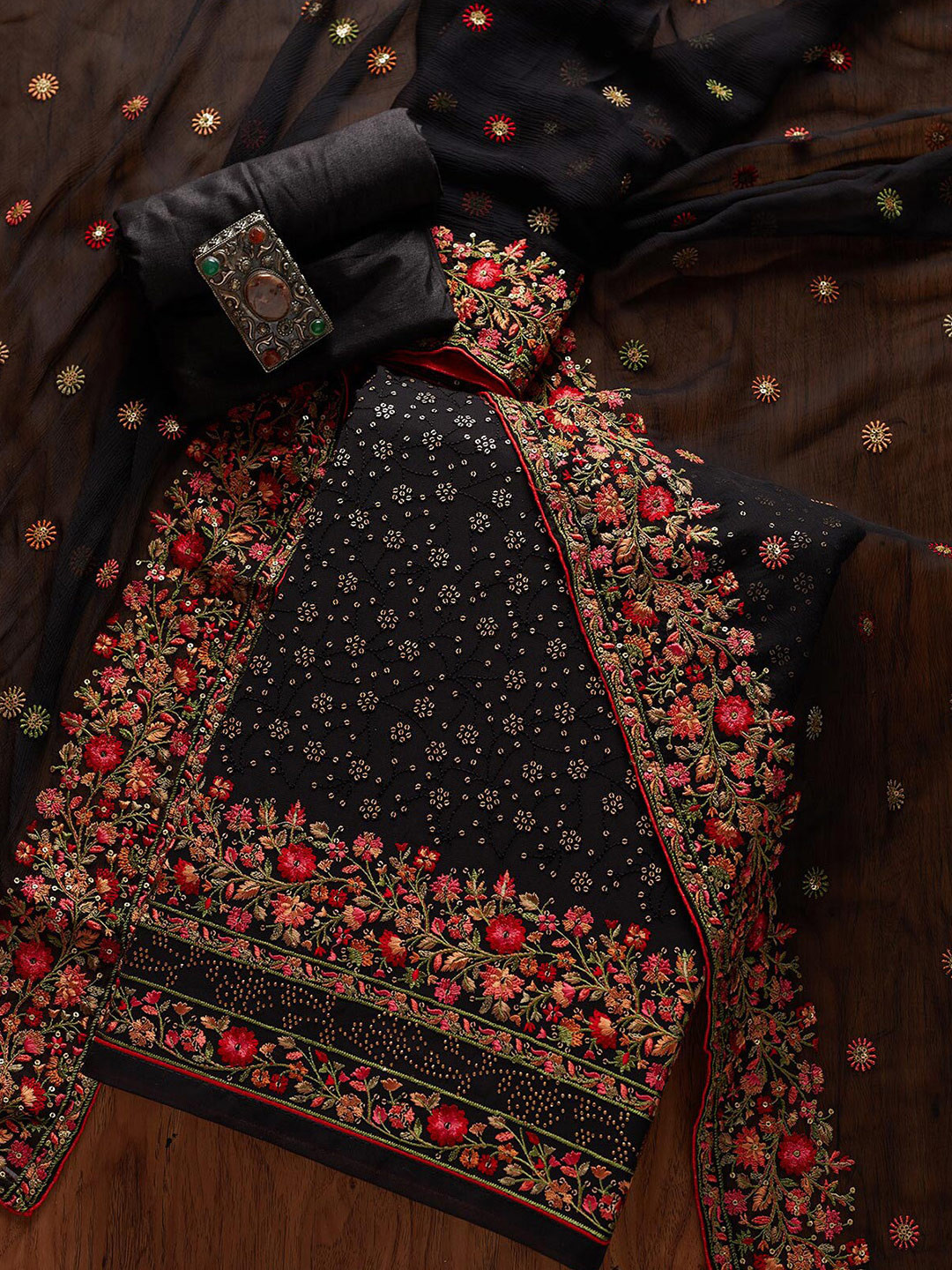 

Koskii Black & Red Embroidered Unstitched Dress Material