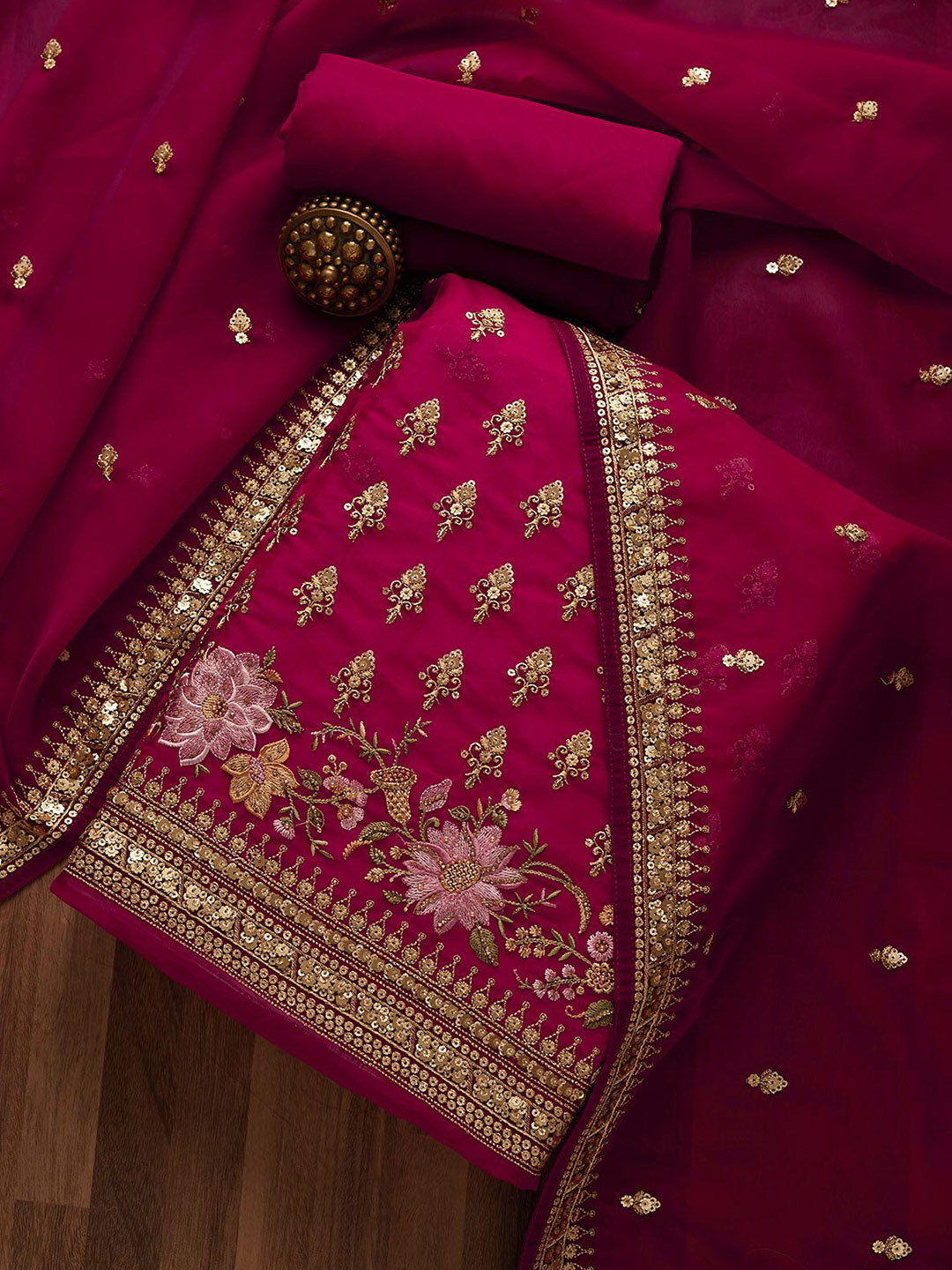 

Koskii Maroon & Gold-Toned Embroidered Unstitched Dress Material