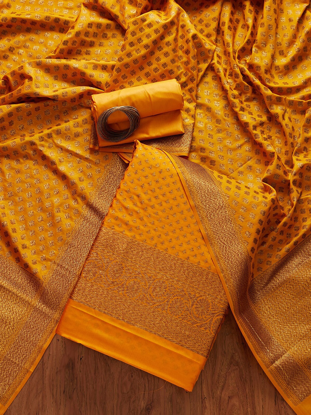 

Koskii Yellow & Gold-Toned Embroidered Art Silk Unstitched Dress Material