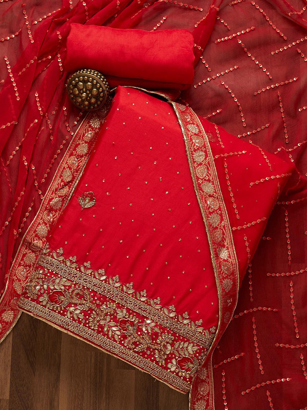 

Koskii Red & Gold-Toned Embroidered Unstitched Dress Material