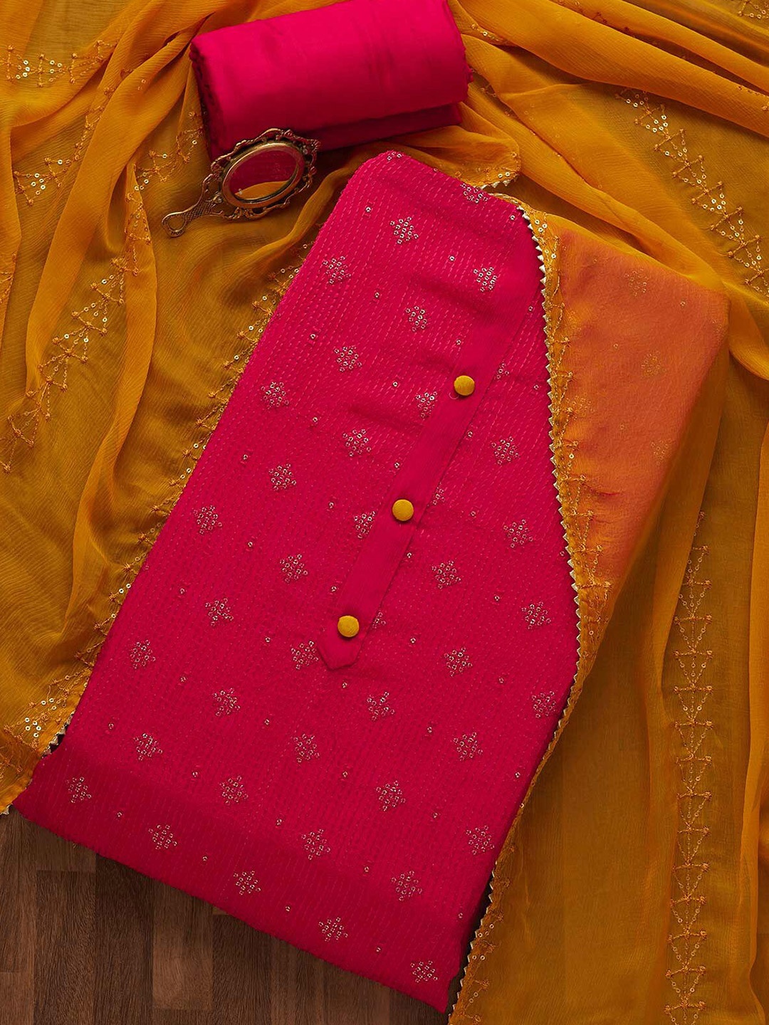 

Koskii Pink & Yellow Embroidered Unstitched Dress Material