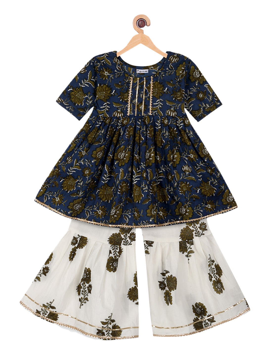 

Ka-mee Girls Navy Blue Floral Printed Empire Pure Cotton Kurta with Skirt