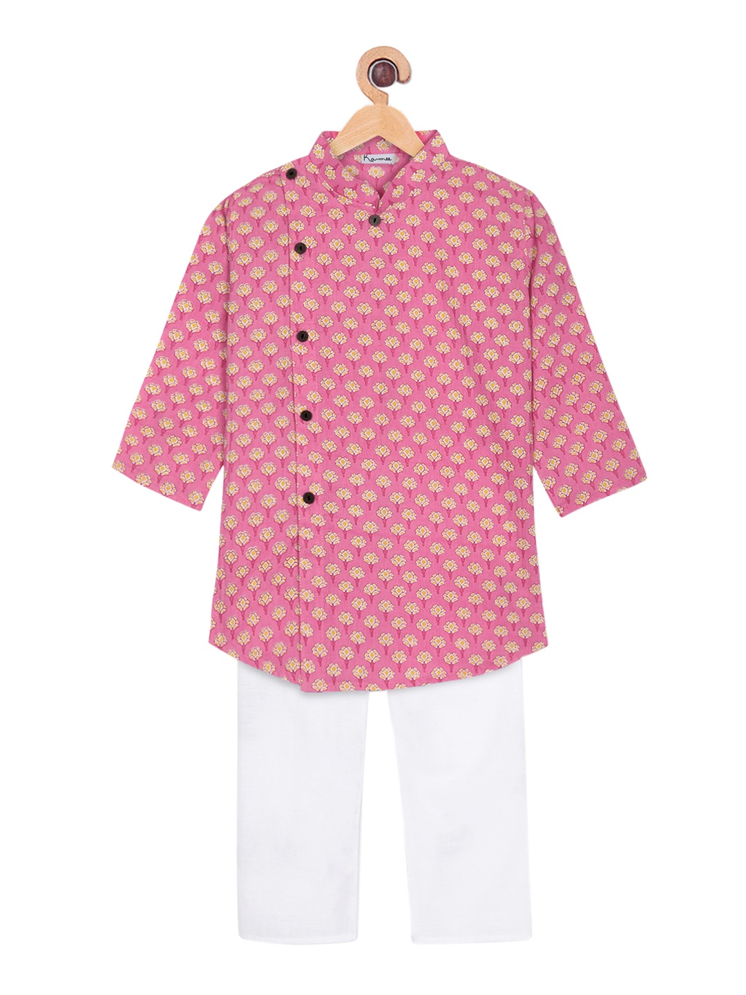 

Ka-mee Boys Pink Floral Printed Pure Cotton Kurta with Pyjamas
