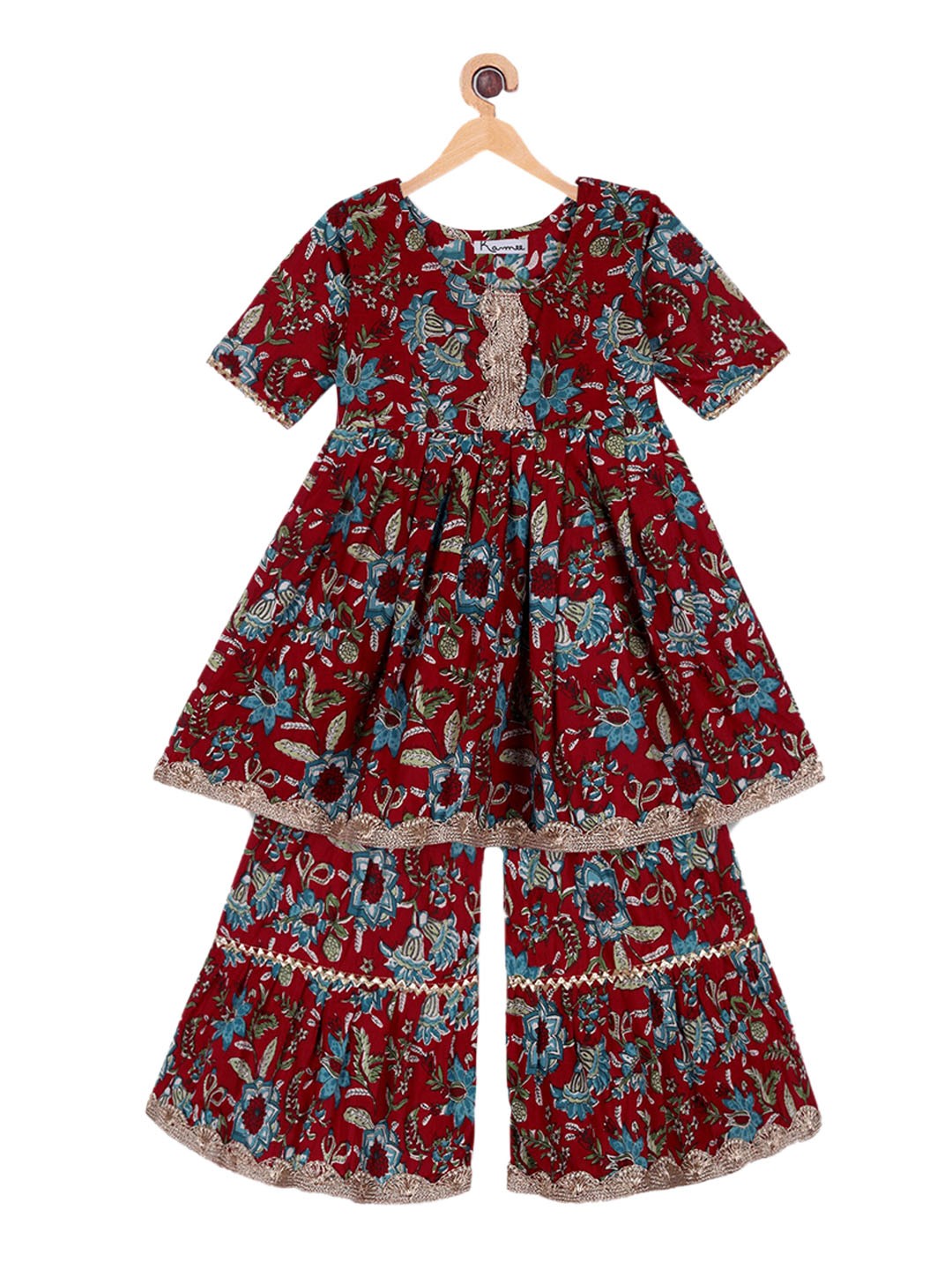 

Ka-mee Girls Red Floral Print Gotta Patti Pure Cotton Kurti With Palazzo