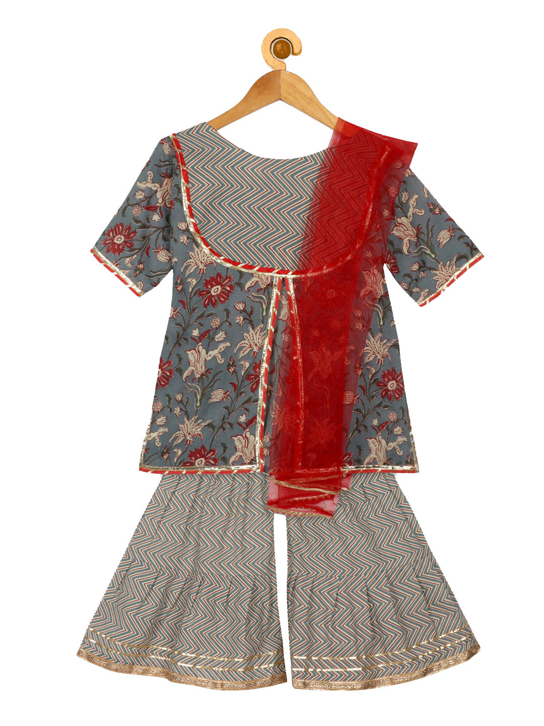 

Ka-mee Girls Grey & Marron Floral Printed Pure Cotton Kurti with Sharara & Dupatta