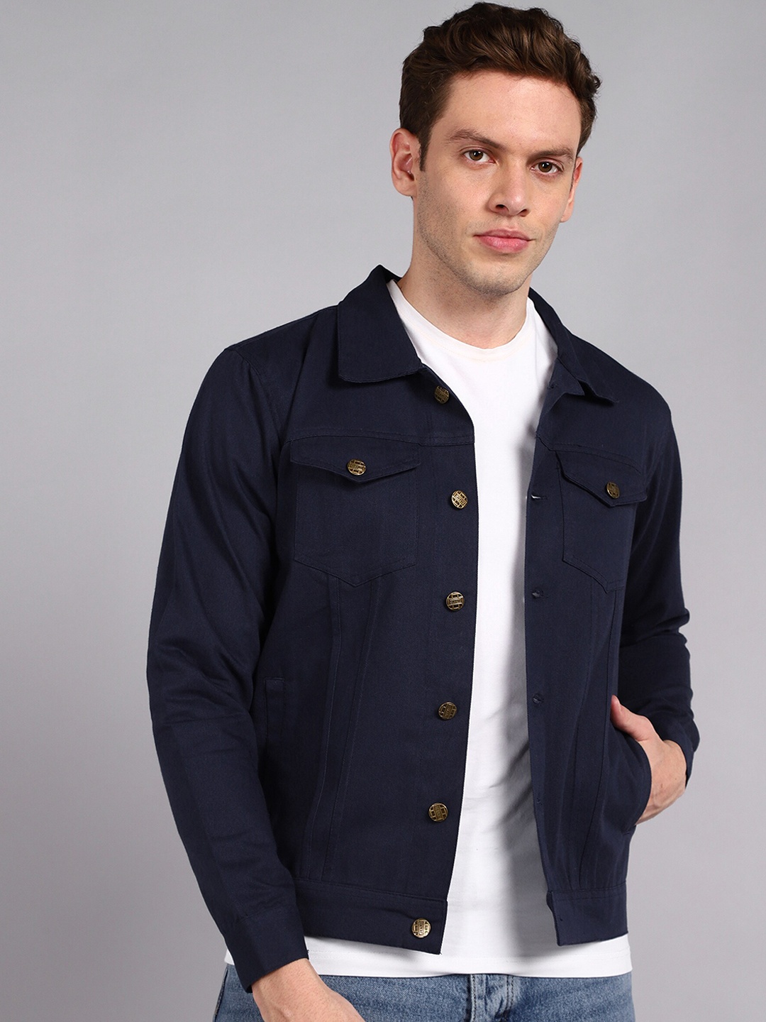 

MONTREZ Men Navy Blue Denim Jacket with Embroidered