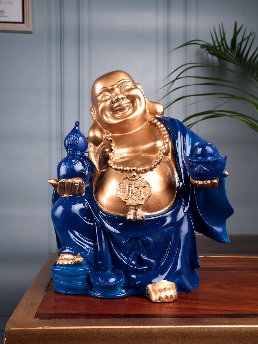 

THE WHITE INK DECOR Blue & Gold-Toned Decorative Laughing Buddha figurine Showpiec