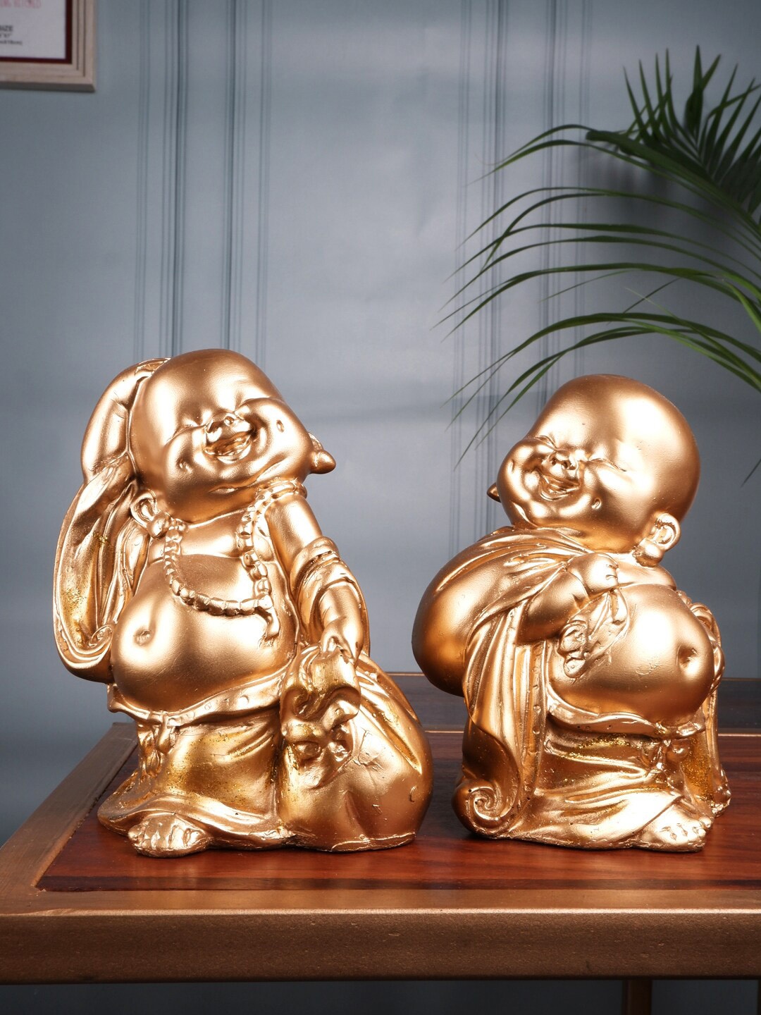 

THE WHITE INK DECOR Set Of 2 Gold-Toned Monk Figurine Showpieces